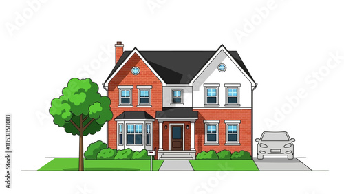 A beautiful red and white house with a black roof and a car parked outside