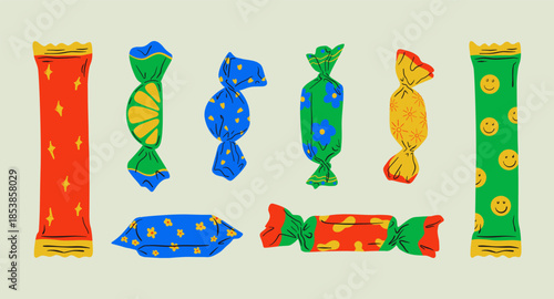 Abstract candy icons cartoon set. Various flat chocolate jelly candies, colorful wrapped bonbon toffee print for candy store posters, modern dessert elements. Vector design