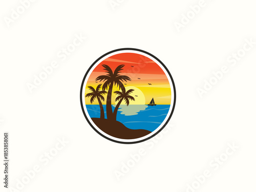 Palm tree and sunset, beach logo design vector template