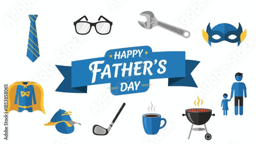 Happy Father's Day icons set with blue theme and various symbols