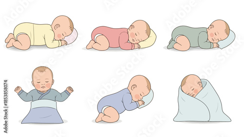 Adorable baby illustrations in various sleeping positions and poses