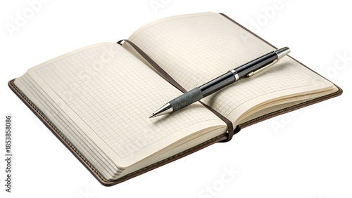 Ultra realistic studio photograph of an open notepad with pen on top, brown elastic band, white background, still life, everyday objects, stationery, writing instrument