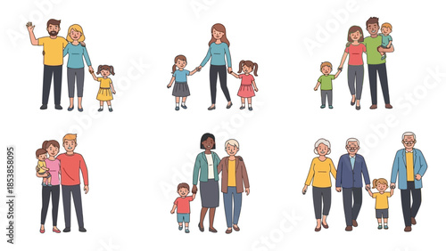 Diverse happy families and people holding hands in modern illustration