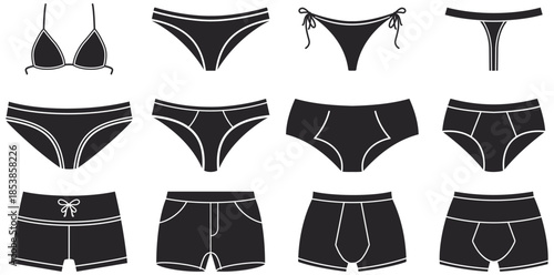 Underwear Assortment A detailed display of diverse underwear styles for both men and women, meticulously arranged against a backdrop of minimalist design. This image emphasizes variety, fashion.