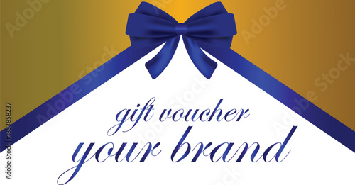 An elegant gift voucher design featuring a blue ribbon and bow on a gold and white background, with placeholder text 'gift voucher your brand'.