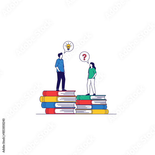 Two people standing on stacks of books discussing ideas.