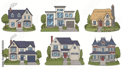 Collection of six diverse cartoon houses with modern and traditional designs