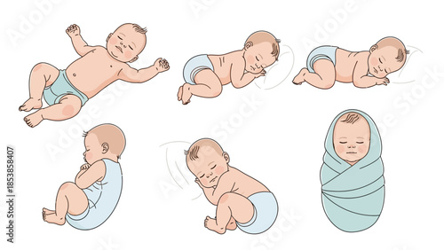 An illustration of a baby in various sleeping positions and swaddled
