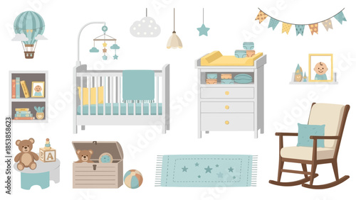 A nursery room with various baby items and furniture in blue and yellow