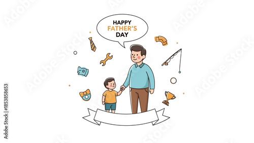A cartoon illustration of a father and son celebrating Father's Day