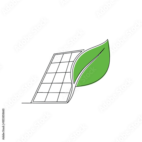Continuous One-Line Drawing of Solar Panel and Green Leaf, Symbol of Renewable Energy and Eco-Friendly Sustainability Concept