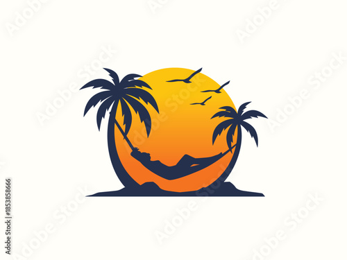 Palm tree and sunset, beach logo design vector template