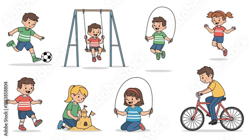 Children playing and having fun in a playground with various activities