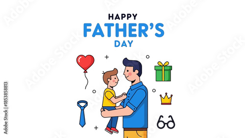 A cartoon illustration of a father and son celebrating Father's Day