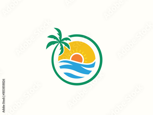 Palm tree and sunset, beach logo design vector template