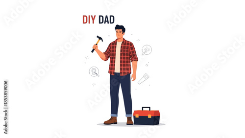 A cartoon illustration of a DIY dad holding a hammer and toolbox