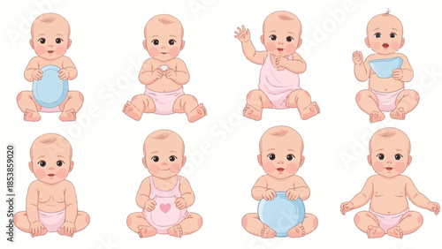 A group of adorable babies sitting and playing with toys