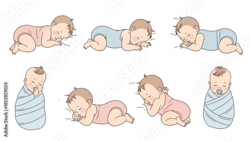 An illustration of babies sleeping in various positions and swaddled