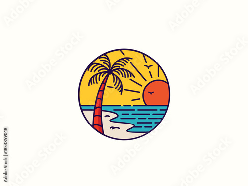 Palm tree and sunset, beach logo design vector template