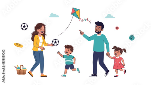 A happy family of four enjoying a day outdoors together in nature