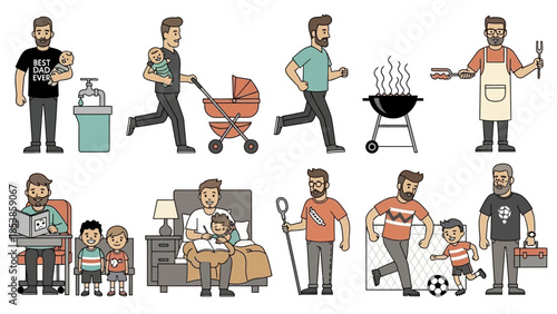 A cartoon illustration of a father engaging in various daily activities with his family