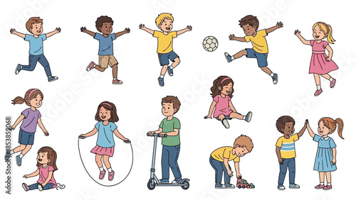 A group of happy children playing and exercising outdoors together