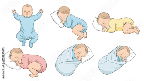 An illustration of babies in various sleeping positions and states of dress