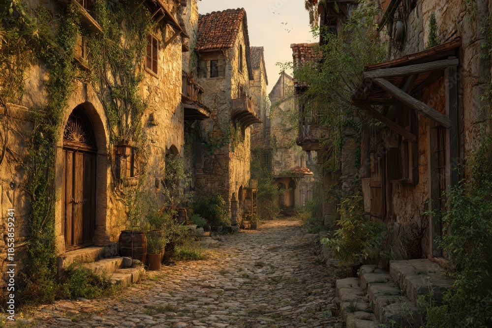 Fototapeta premium Enchanting Lane in a Timeless Village: A Fantasy Matte Painting of a Stone Alleyway in an Old-world Town