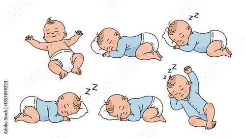 An illustration of a baby sleeping in various positions and poses