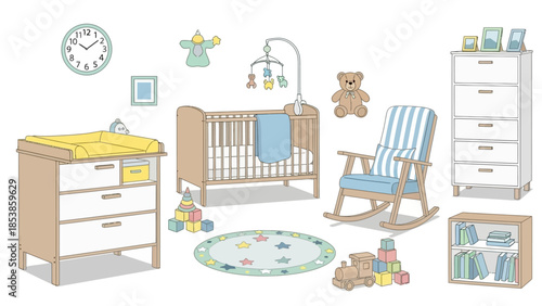 A nursery room with a crib, changing table, and rocking chair