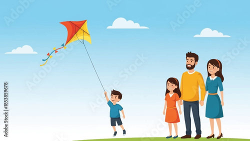 A happy family enjoys flying a colorful kite on a sunny day