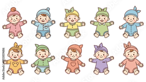 A group of happy cartoon babies wearing colorful onesies and hats