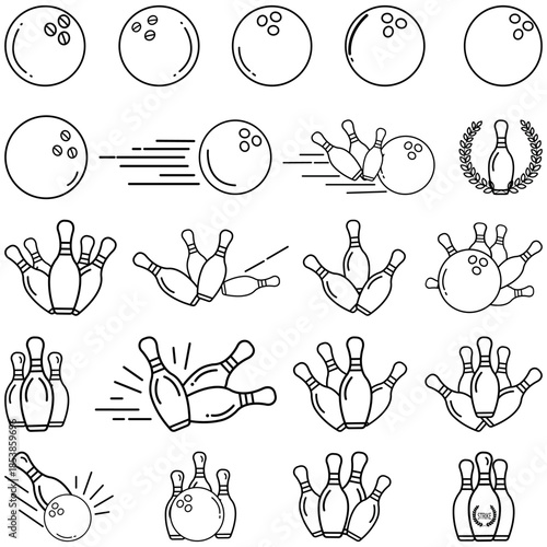 Bowling Icons Collection A curated set of vector line drawings captures the essence of bowling, showcasing various stages of the game with clarity and precision.
