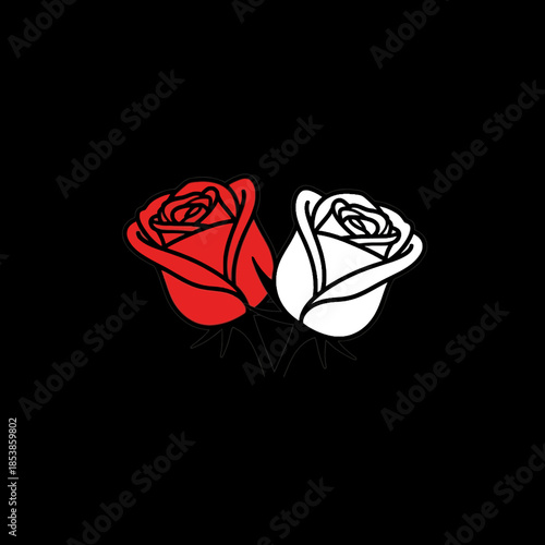 Vector illustration of a red rose and a white rose side by side on a black background in a minimalist graphic style.