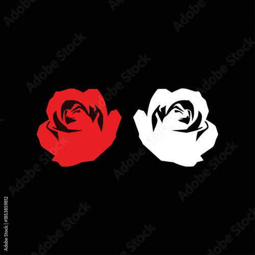 Graphic illustration of a red rose and a white rose on a black background, with a simple and symbolic composition.