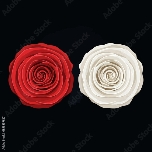 Close-up of a red rose and a white rose made of paper on a black background with a shallow depth of field.