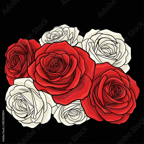 Illustration of a bouquet with red and white roses against a solid black background with a mix of colored and line-drawn styles.