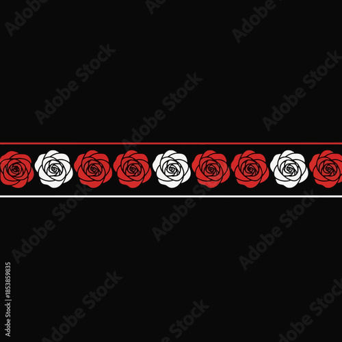Alternating red and white roses on a black background with a thin red line, in a seamless pattern.