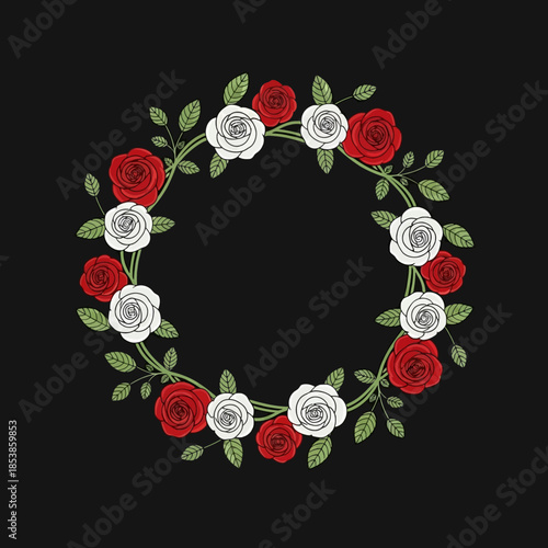 A circular floral wreath composed of red and white roses with green leaves on a solid black background.