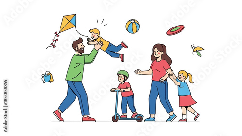 A happy family playing together outdoors in a fun and vibrant setting