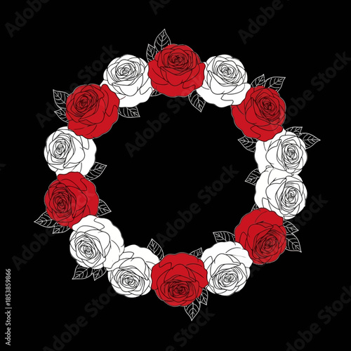 Heart-shaped arrangement of red and white roses with green leaves on a black background.