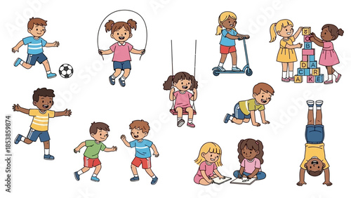 A colorful illustration of diverse children engaging in various fun activities