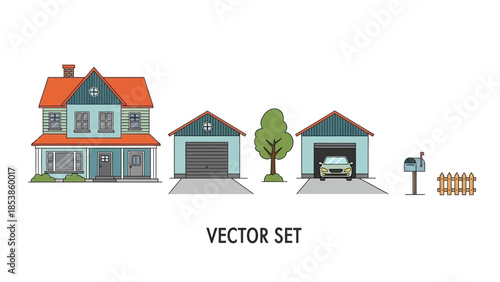 A vector set of a house with a garage and a car