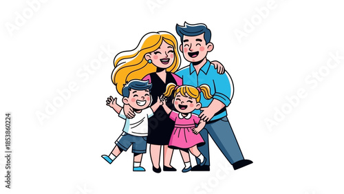 A happy family of four standing together with big smiles