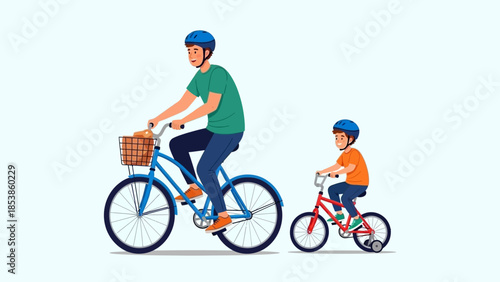 A father and son riding bicycles together in a fun outdoor activity
