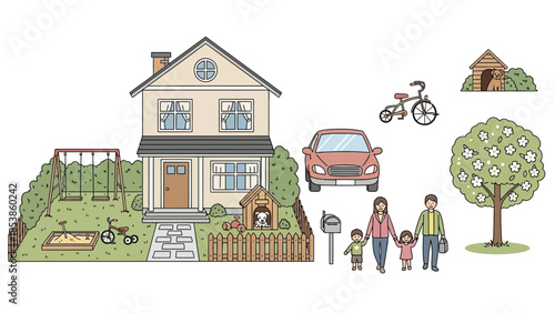 A cartoon illustration of a happy family standing in front of their house