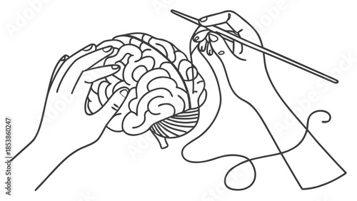 Hands creatively knitting a brain with yarn and needles