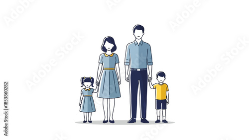 A cartoon illustration of a happy family standing together