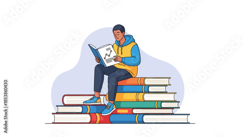 Young man sitting on stack of books reading a book.