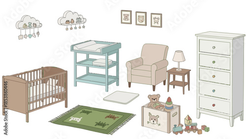 A nursery room with a crib, changing table, and comfortable seating area